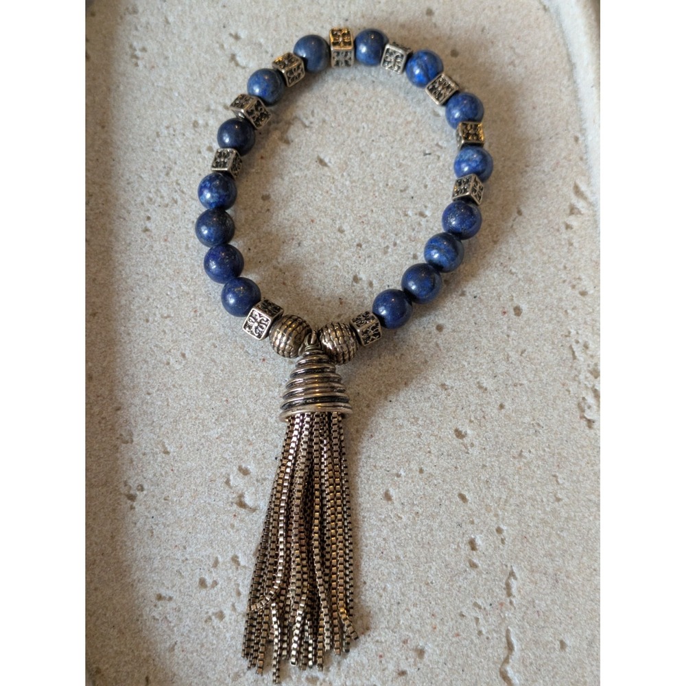 Beaded Tassel Stretch Bracelet In Navy Blue & Bronze Tone Boho Dark Romantic